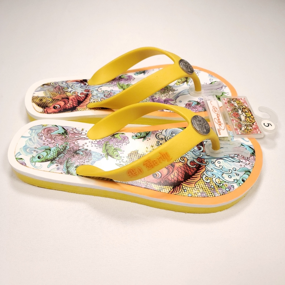 New Ed Hardy Limited Ed Yellow Koi Fish Asian Print Thongs Flip Flop Sandal Sz 5